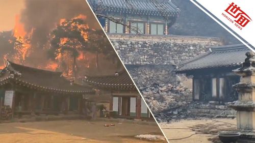 韩国千年寺庙被山火烧毁：烈焰中的废墟与屹立的石塔