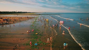 日照海滩夕阳下游客与工作人员合影