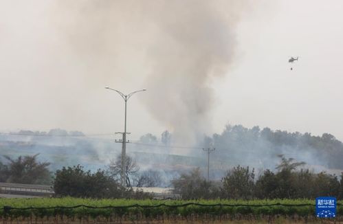 消防直升机在以色列卢德附近空中洒水灭火