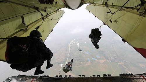 空降兵从高空跳伞进入灾区