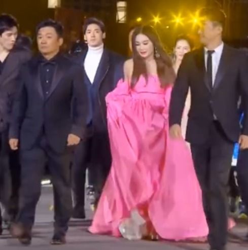 刘向蕙穿着优雅礼服站在舞台上的照片