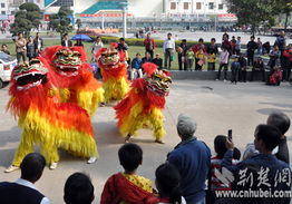 人群围观舞狮表演场面热闹
