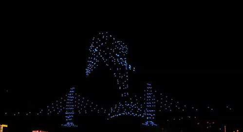 无人机编队表演模拟日出升空画面