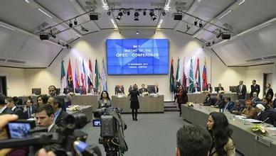 OPEC+成员国代表在会议上交流意见