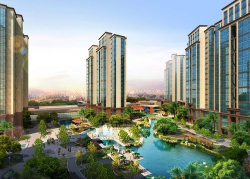 房地产楼盘建筑群阳光洒落绿树环绕
