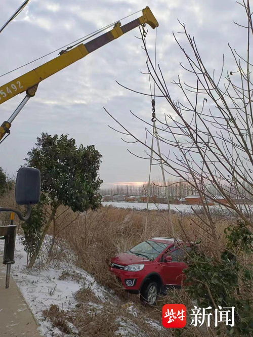 吊车将车辆从鱼塘中吊出