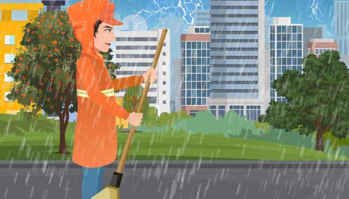 户外避雨人群与天气预警信息牌