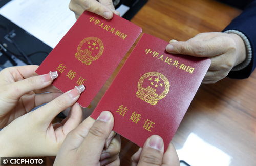 一对新人在民政局领取结婚证
