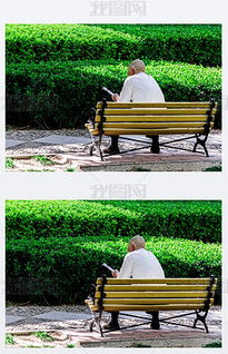 老人在公园长椅上微笑看着小孩玩耍