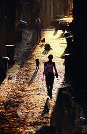 夕阳下一个人走在街道上