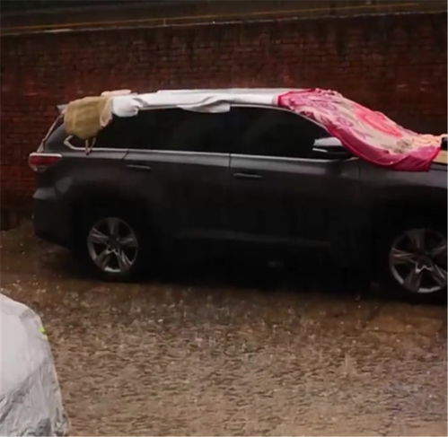 车主用棉被盖住汽车防止冰雹砸伤