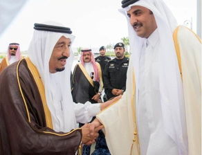 沙特国王与卡塔尔埃米尔握手会谈图片