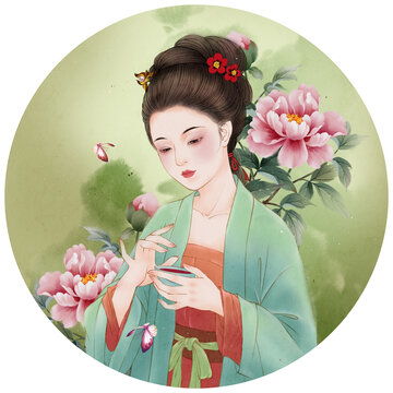 古代仕女图中的胭脂红色衣裙细节