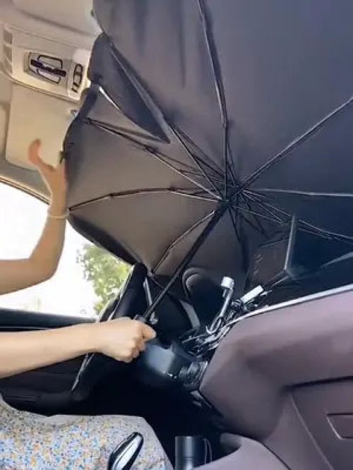 车主们在车内使用遮阳伞和防晒装备