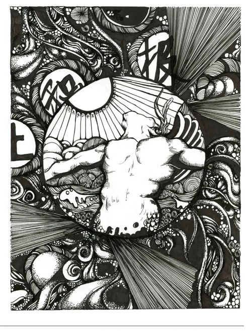 线描作品少女与猫