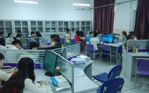 学生在办公室专注实习工作