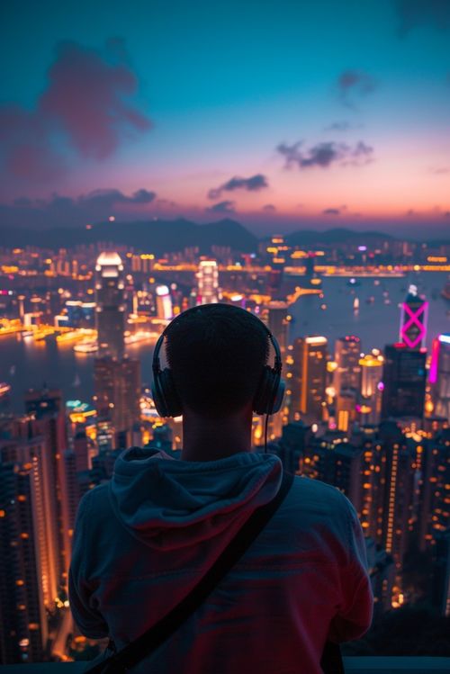 城市夜景灯光下的孤独背影