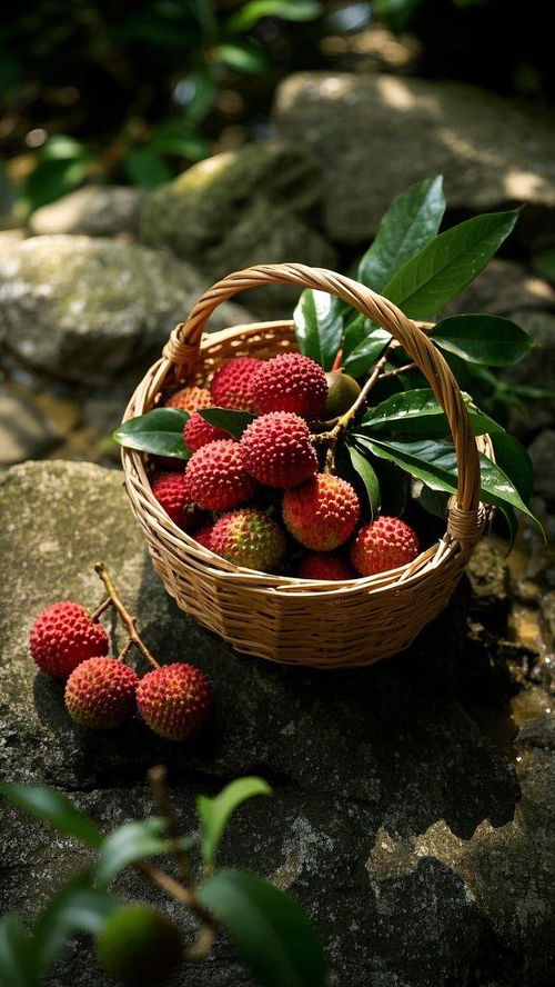 一篮子新鲜荔枝摆放在桌子上