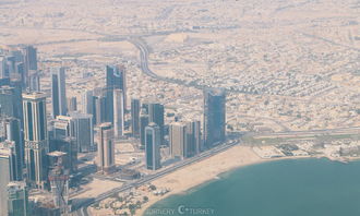 卡塔尔多哈城市全景与电子屏幕上的游戏画面叠加图