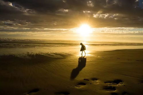 夕阳下的剪影女孩放松姿态