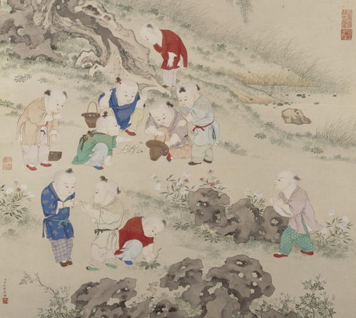 清代金廷标《儿童斗草图》局部