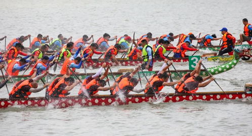 广州龙舟赛队员划桨激烈比赛