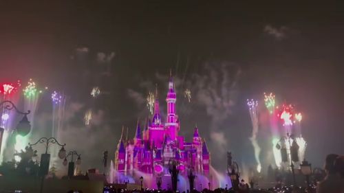 迪士尼梦幻夜景烟花下的游客们