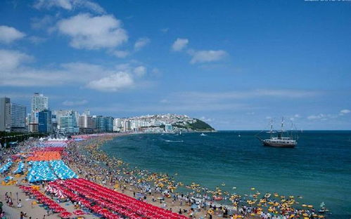 青岛海滩上的韩国游客