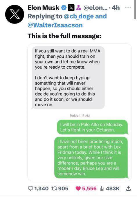 马斯克在推特上发表言论的截图