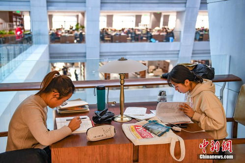 考生在图书馆复习准备公务员考试