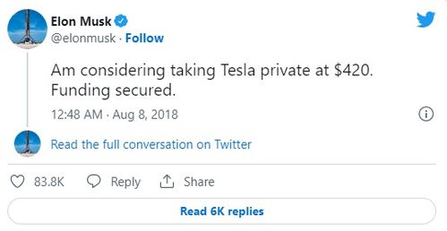 马斯克在推文中回应特斯拉股价暴跌
