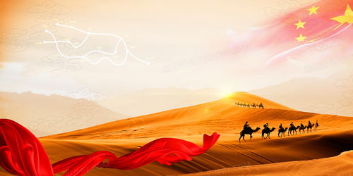 古代丝绸之路上商队穿越沙漠的画面