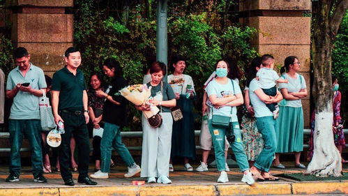 身穿红色旗袍的母亲们举着向日葵在校门口合影