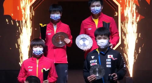 樊振东在颁奖台上举起奖杯