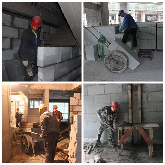 工人正在修复墙体内部结构