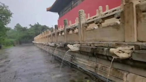 暴雨中的北京奇观：太庙再现“千龙吐水”，历史与自然的震撼交响