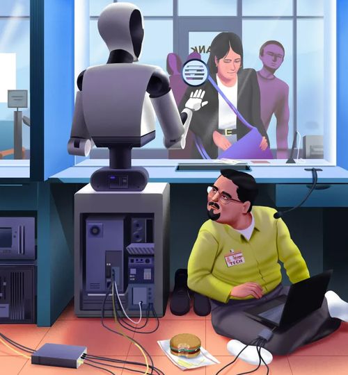 AI机器人与人类一起在办公室工作的场景