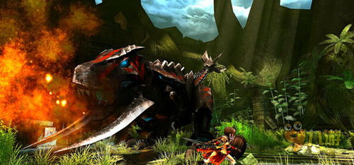 玩家在野外狩猎巨型怪物的场景