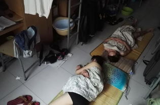 图片是人们在室内打地铺准备休息